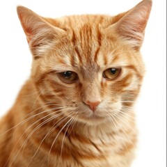 Wall Mural - Front side close up of orange cat with a shy face expression, isolated white background