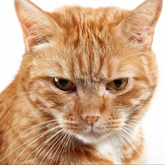 Wall Mural - Front side close up of orange cat with a shy face expression, isolated white background. 