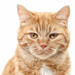 Wall Mural - Front side close up of orange cat with a suspicious face expression, isolated white background.