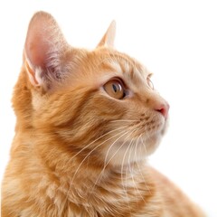 Wall Mural - Front side close up of orange cat with a thoughtful face expression, isolated white background