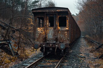 Wall Mural - A train is sitting on the tracks with its doors open. The train is old and rusty. Scene is somber and lonely