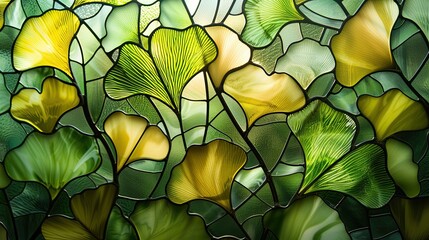 Wall Mural - Intricate stained glass artwork featuring vibrant green and yellow ginkgo leaves patterns, creating a beautiful and colorful design.
