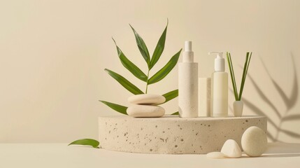 Poster - Natural display of spa beauty products with stones green plant and pedestal on beige surface