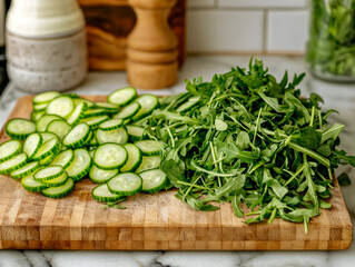 Wall Mural - A wooden cutting board with cucumbers and greens on it. The cucumbers are cut into slices and the greens are chopped into small pieces. Concept of freshness and healthiness