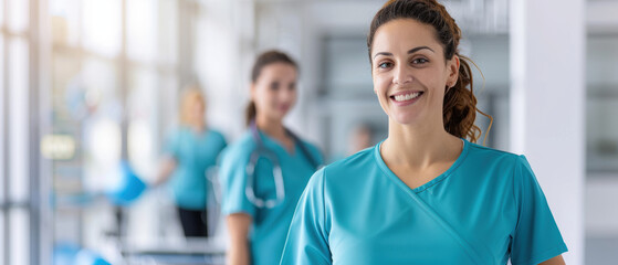 Wall Mural - A woman in a blue scrubs shirt is smiling and posing for a picture