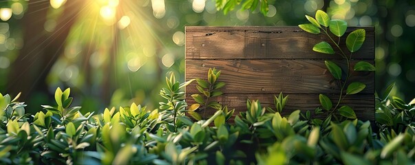 Wooden sign in a green natural background with blurred foliage and sunlight