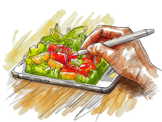 Wall Mural - A hand is drawing a picture of a salad on a tablet. The drawing is colorful and lively, with a focus on the freshness and vibrancy of the vegetables. The artist has captured the essence of the salad