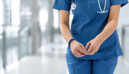 Wall Mural - A woman in a blue scrubs is standing in a hospital hallway