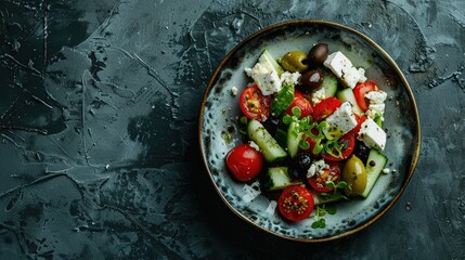 Wall Mural - A colorful dish of salad made with fresh tomatoes, cucumbers, olives, and feta cheese displayed on a table AIG50