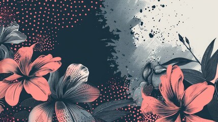 Wall Mural - Abstract Background with Halftone Flowers Bouquet and Botanical Elements for Greeting Card and Textile Print