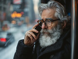 Poster - A man with a beard and glasses talking on his cell phone. AI.