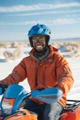 Poster - A man in orange jacket riding on a four wheeler. AI.