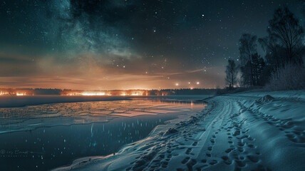 Wall Mural - Northern lights over a frozen lake, AI Generative.