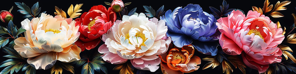 seamless peonies oil painting banner, blooming flower pattern, nature flora texture, petals with dew.