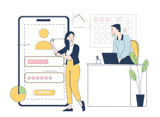 Wall Mural - ui and ux programming. man and woman create design elements for website or mobile application. team 