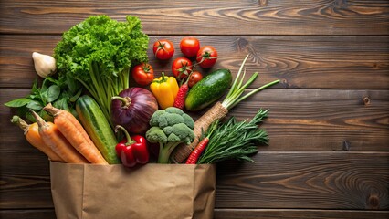 Wall Mural - Overhead view of a paper bag filled with a variety of fresh produce , organic, vegetables, fruits, healthy, grocery
