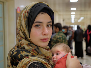 Sticker - A woman wearing a scarf is holding a baby. The woman is looking at the camera