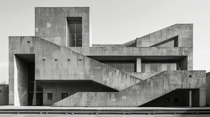 The facade of a brutalist library with sharp, angular lines and rough concrete surfaces, captured in a high-contrast black and white photograph. Illustration, Minimalism,