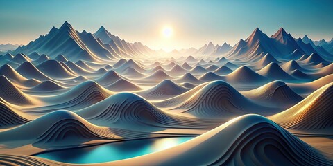 Abstract futuristic landscape of wavy mountains, futuristic, abstract,landscape, wavy, mountains, digital art, tech