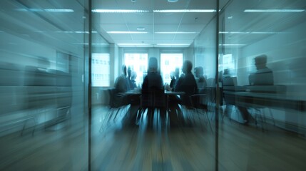 Wall Mural - Viewed through a defocused lens the meeting room appears chaotic with moving bodies.