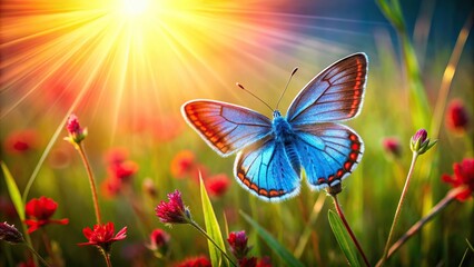 Wall Mural - Red blue butterfly on wild red flowers in grass in rays of sunlight , butterfly, red flowers, grass, sunlight, nature