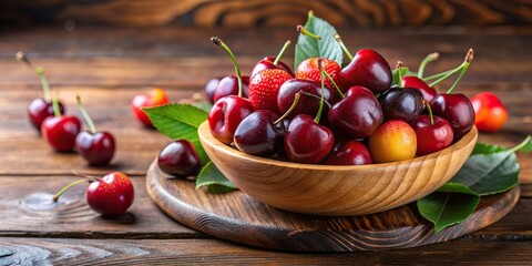 Wall Mural - Close up of fresh cherries and plums in a bowl on a wooden board, cherries, plums, fresh, close up, bowl, wooden board, fruits, vibrant