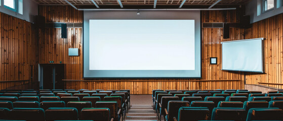 A blank white solid screen mockup set up in front of a classroom, ready for a presentation