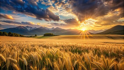 Wall Mural - Wheat field in the mountains with the sun setting behind, agriculture, rural, landscape, nature, golden hour, harvest, farm