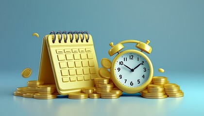 3d icon of a calendar and an alarm clock with gold coins in a cartoon style. the concept of business planning and timely payment. illustration isolated on blue background. 3d rendering