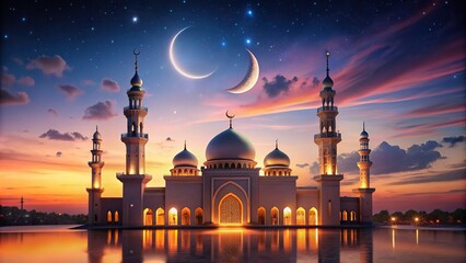Wall Mural - Mosque at twilight with silhouette, crescent moon, and stars , mosque, twilight, silhouette, crescent moon, stars