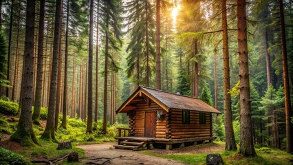 Wall Mural - Wooden cabin nestled among towering trees in a lush forest, wooden house, cabin, forest, nature, trees, green, peaceful