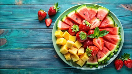 Wall Mural - Plate with freshly cut fruits including watermelon, pineapple, and strawberries , healthy, tropical, colorful, vibrant