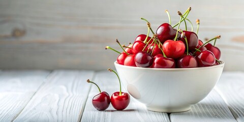Poster - A simple white bowl filled with fresh, vibrant cherries, cherries, bowl, fruit, red, ripe, juicy, sweet, fresh, healthy