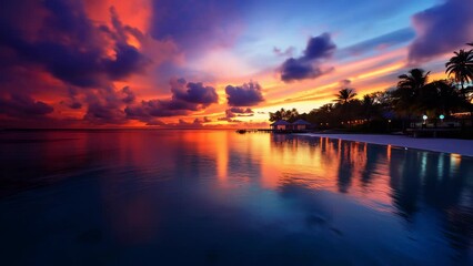 Wall Mural - Stunning sunset over a tropical beach, with vibrant colors reflecting off calm waters. Palm trees silhouetted against the colorful sky create a serene and picturesque scene.	