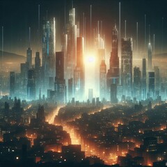 Wall Mural - Night city Cyber punk landscape concept with futuristic Light glowing on a dark scene