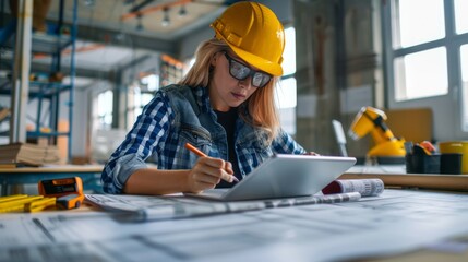 Wall Mural - Woman checking project plans on a tablet while working