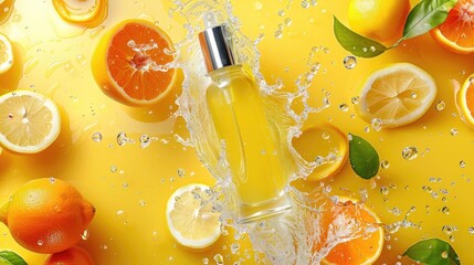 Wall Mural - Vitamin C serum bottle with citrus fruits on yellow background water splashing top view