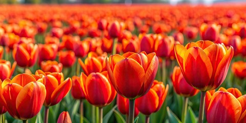 Wall Mural - Vibrant field of red and orange tulips, Tulips, field, red, orange, flowers, bloom, springtime, garden, vibrant, colorful