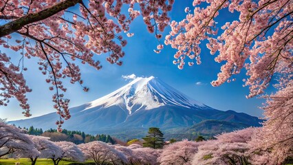Wall Mural - Majestic mountain with blooming cherry blossoms , peak, landscape, nature, beauty, spring, flowers, serene, tranquil