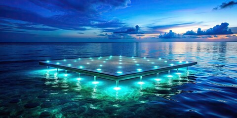 Futuristic floating sea glass platform with LED lights in deep blue Caribbean waters, monolithic, mechanical