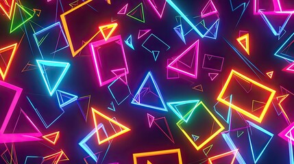 Sticker - random geometric shapes, rainbow neon glow, black background 