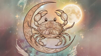 Wall Mural - an illustration of Cancer the crab star sign, featuring a detailed crab with the Cancer symbol in the background