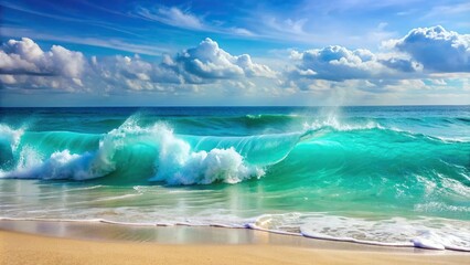 Wall Mural - Cheerful turquoise waves crashing on the shore, ocean, sea, water, beach, summer, serene, tranquil, nature, coastline, vacation, wave