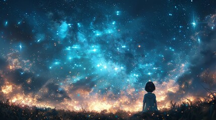a child gazing at the stars with wonder, representing the calming effect of connecting with the beau