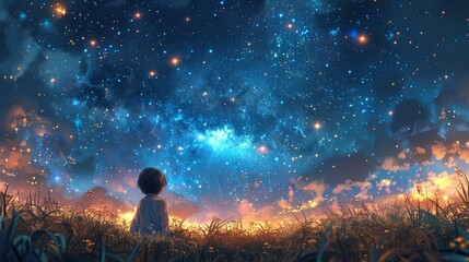 Wall Mural - A child gazing at the stars with wonder, representing the calming effect of connecting with the beauty of the universe. Illustration, Minimalism,