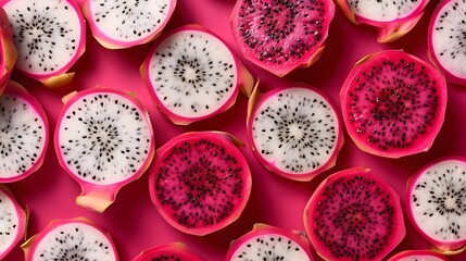 Poster - beautiful fresh sliced red and white dragon fruit as background. 