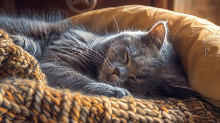 Poster - Adorable Portrait of a Gray Scottish Straight Cat Sleeping in a Cosy Home Environment