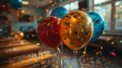 A close-up shot of colorful balloons and confetti in a classroom, indicating a festive celebration.