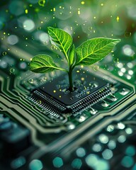 Wall Mural - Tree growing on the converging point of computer circuit board. Green computing, technology, IT, CSR, and IT ethics. Environment technology. AI generated illustration