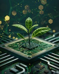 Wall Mural - Tree growing on the converging point of computer circuit board. Green computing, technology, IT, CSR, and IT ethics. Environment technology. AI generated illustration